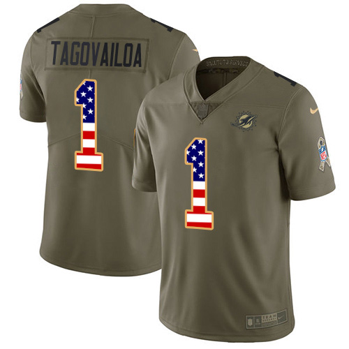 Nike Miami Dolphins #1 Tua Tagovailoa Olive USA Flag Youth Stitched NFL Limited 2017 Salute To Service Jersey